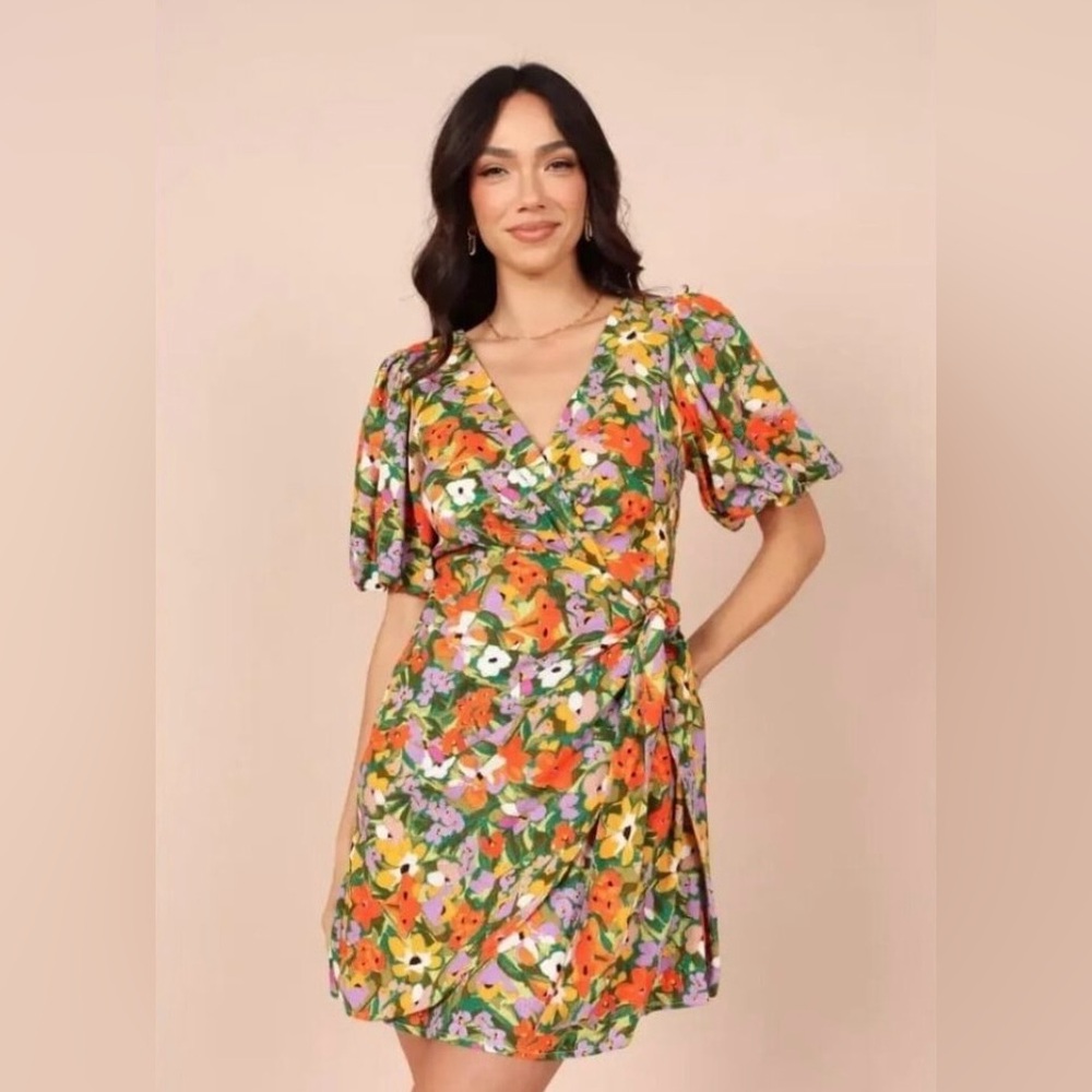Petal & Pup Flourish Puff Sleeve Mini Dress Linen Blend NWOT